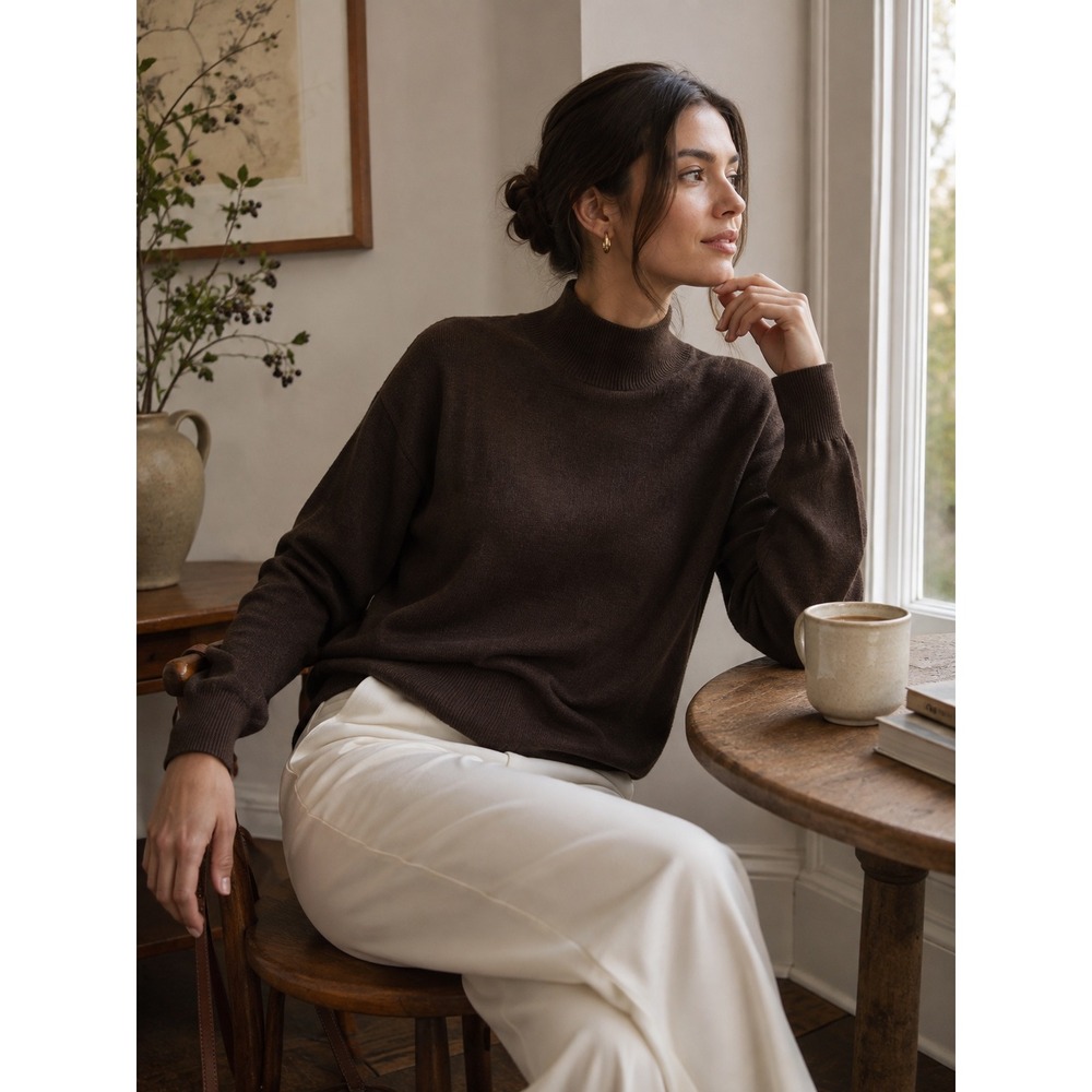 HM Edition Womens M 100% Wool Mock Neck Sweater Chocolate Minimalist Fine Knit